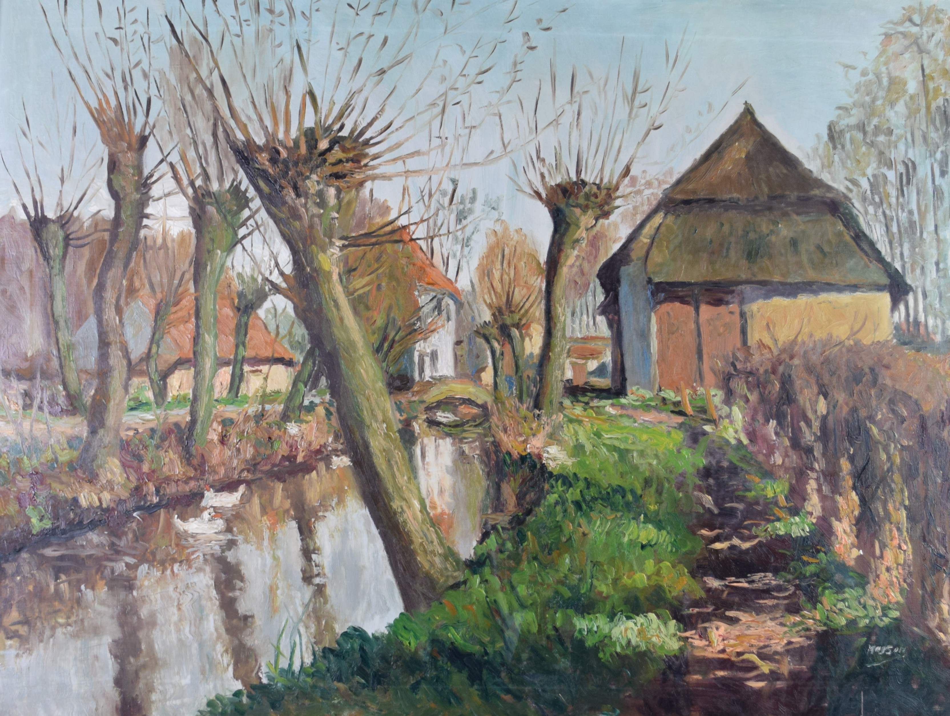 tableau Les canards au nord de Bruxelles Masson  animaux,paysage,village  huile toile 1ère moitié 20e siècle