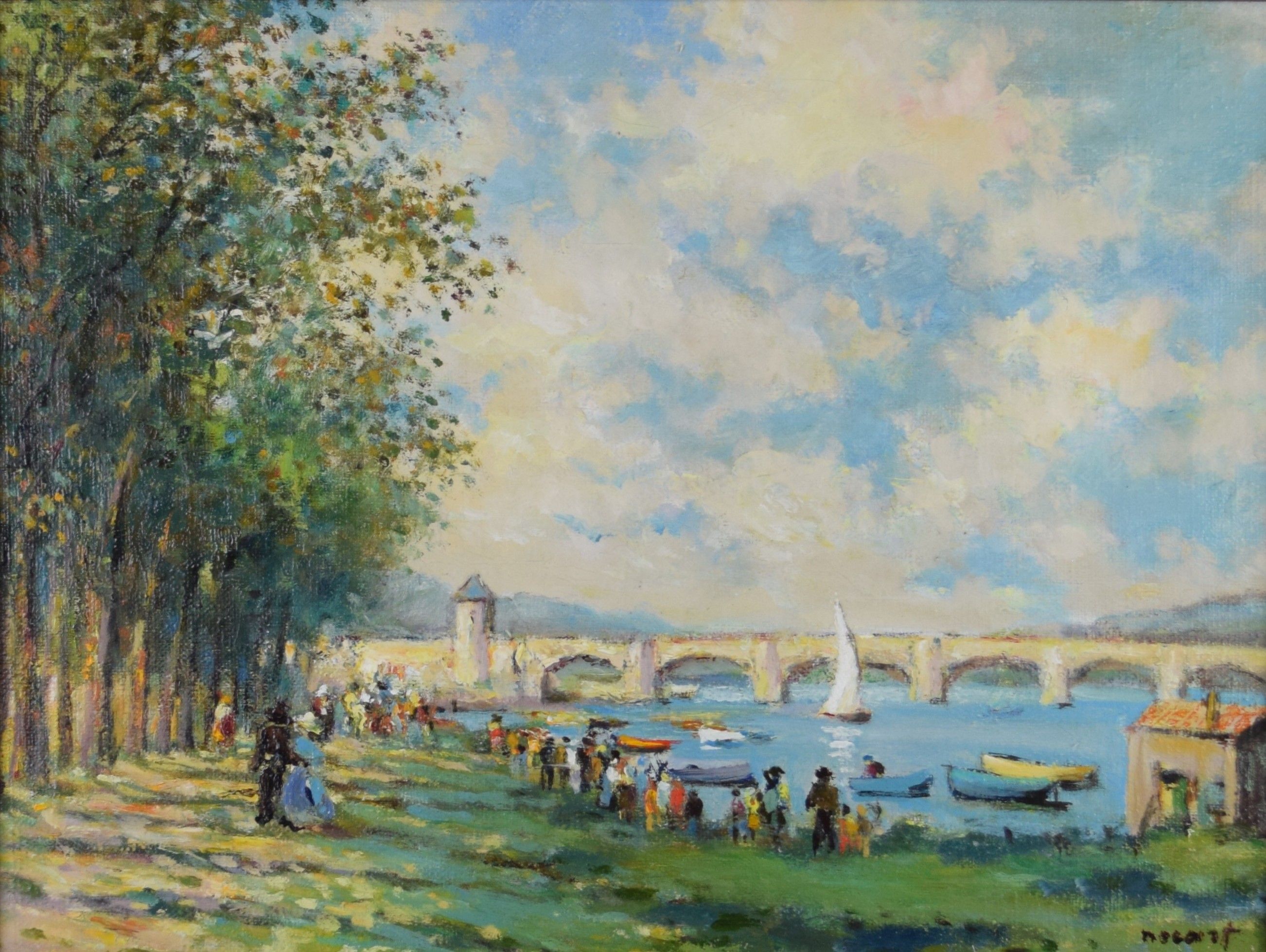 tableau Journée le long de l'eau Nocart V paysage,personnage  huile toile 2ième moitié 20e siècle