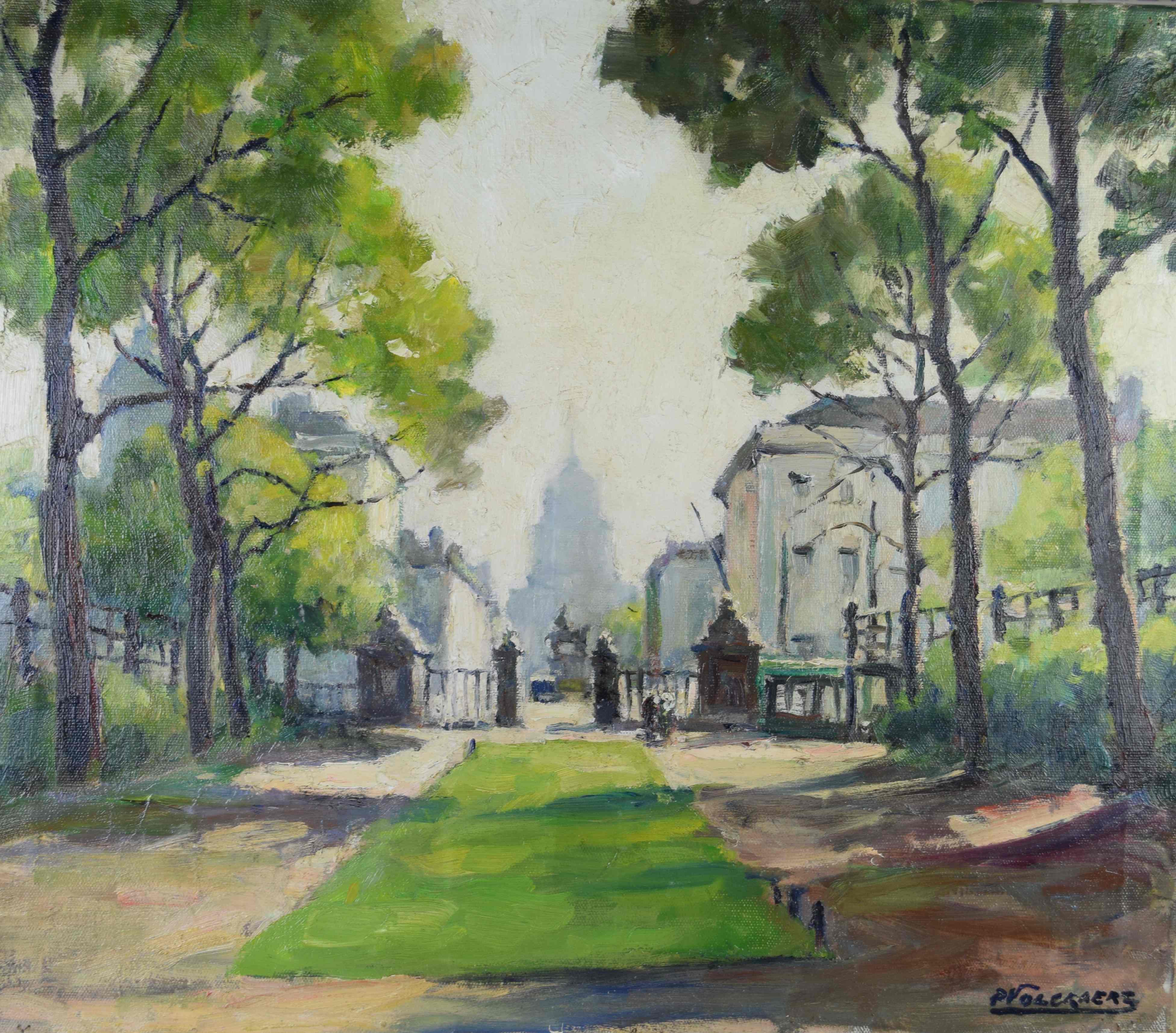 tableau La sortie du parc royal  Volckaert Piet personnage,ville  huile toile 1ère moitié 20e siècle