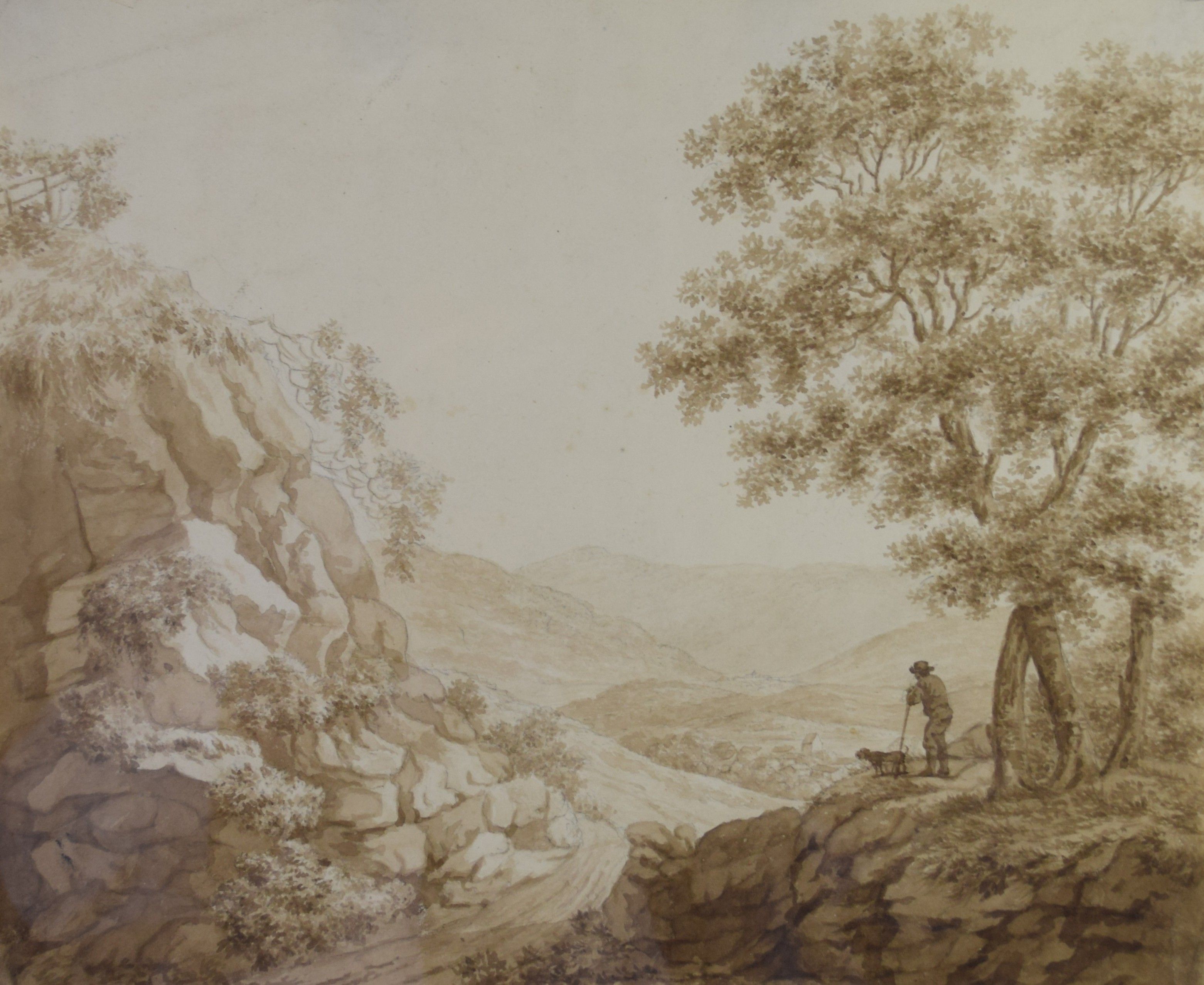 tableau Vue sur le village   animaux,paysage,personnage,portrait  lavis papier 19e siècle