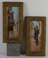 tableau L'amoureux (paire de tableaux) Barbasan F personnage,ville  huile panneau 19e siècle