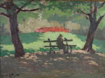 tableau Parc Barbieux Roubaix Bizard Charles Henry paysage,personnage  huile panneau 1ère moitié 20e siècle
