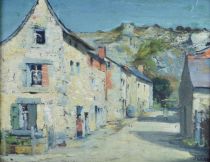 tableau La rue du village animé  Caron Joseph personnage,village  lavis panneau 1ère moitié 20e siècle