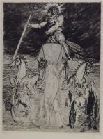 tableau scène mythologique Crommelynck Robet fantastique  estampe papier 1ère moitié 20e siècle