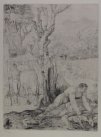 tableau Calydon le sanglier Crommelynck Robet fantastique  estampe papier 1ère moitié 20e siècle