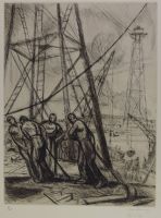 tableau Téléphérique Liège Donnay Jean personnage  estampe papier 1ère moitié 20e siècle