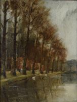 tableau Journée de pèche  Lambillotte George chasse pêche,paysage,personnage  huile panneau 1ère moitié 20e siècle