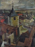 tableau Le haut du village   paysage,ville  huile toile 1ère moitié 20e siècle