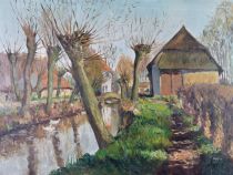 tableau Les canards au nord de Bruxelles Masson  animaux,paysage,village  huile toile 1ère moitié 20e siècle