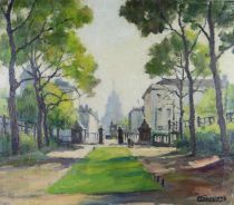 tableau La sortie du parc royal  Volckaert Piet personnage,ville  huile toile 1ère moitié 20e siècle