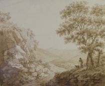 tableau Vue sur le village   animaux,paysage,personnage,portrait  lavis papier 19e siècle