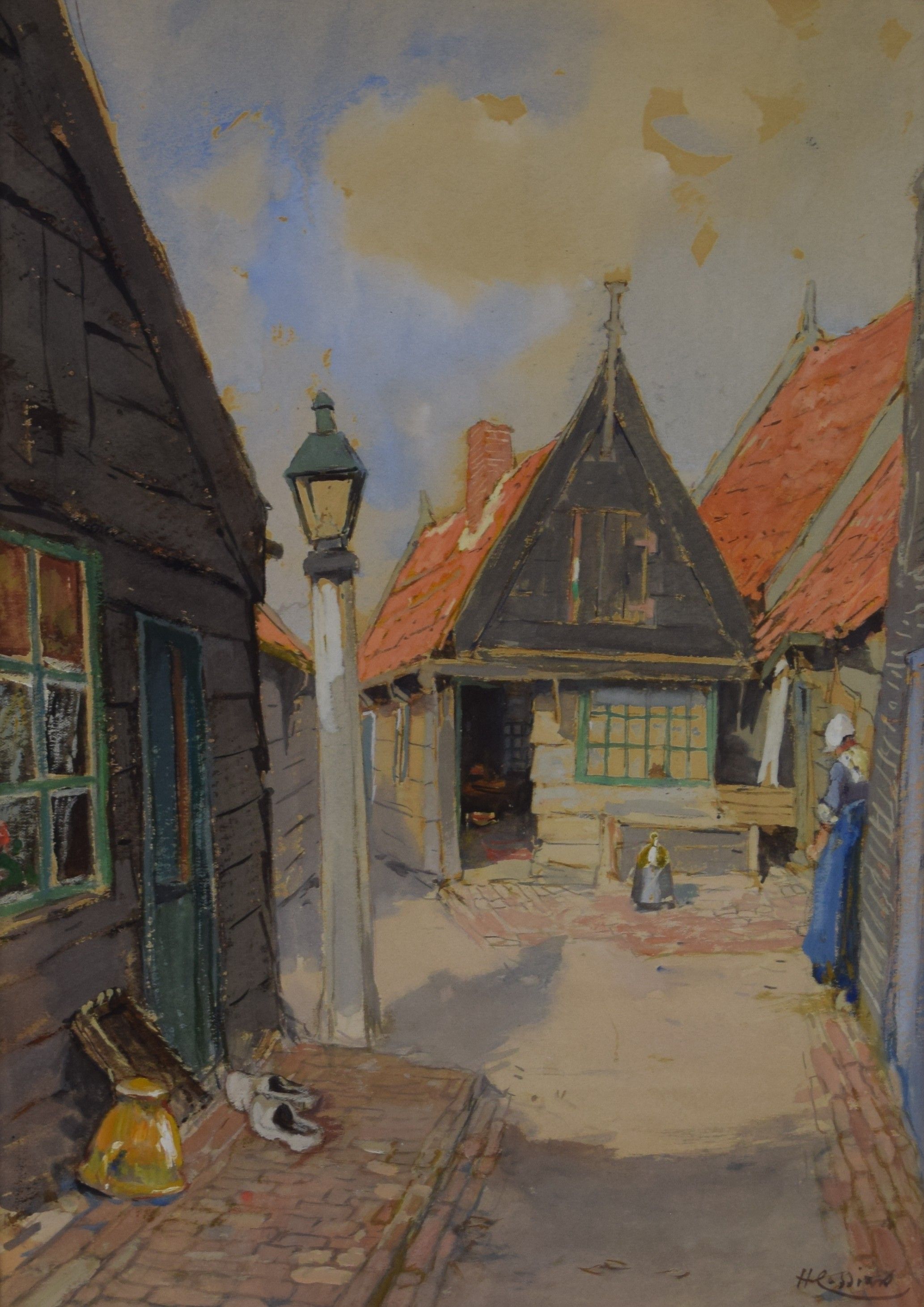 tableau Le village Cassiers Henry personnage,village  gouache papier 1ère moitié 20e siècle