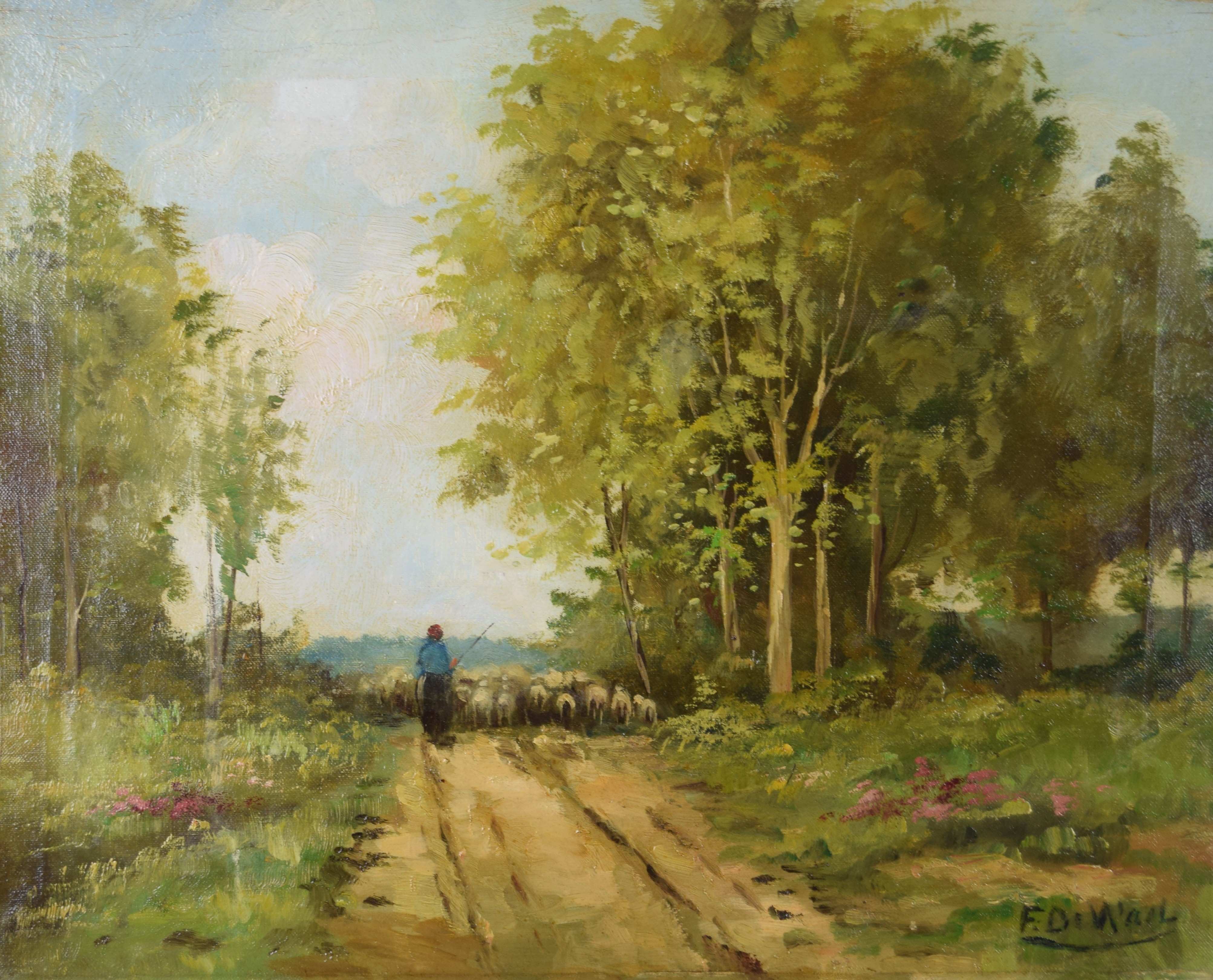 tableau Le berger et ses moutons De Wael F animaux,paysage,personnage  huile toile 1ère moitié 20e siècle