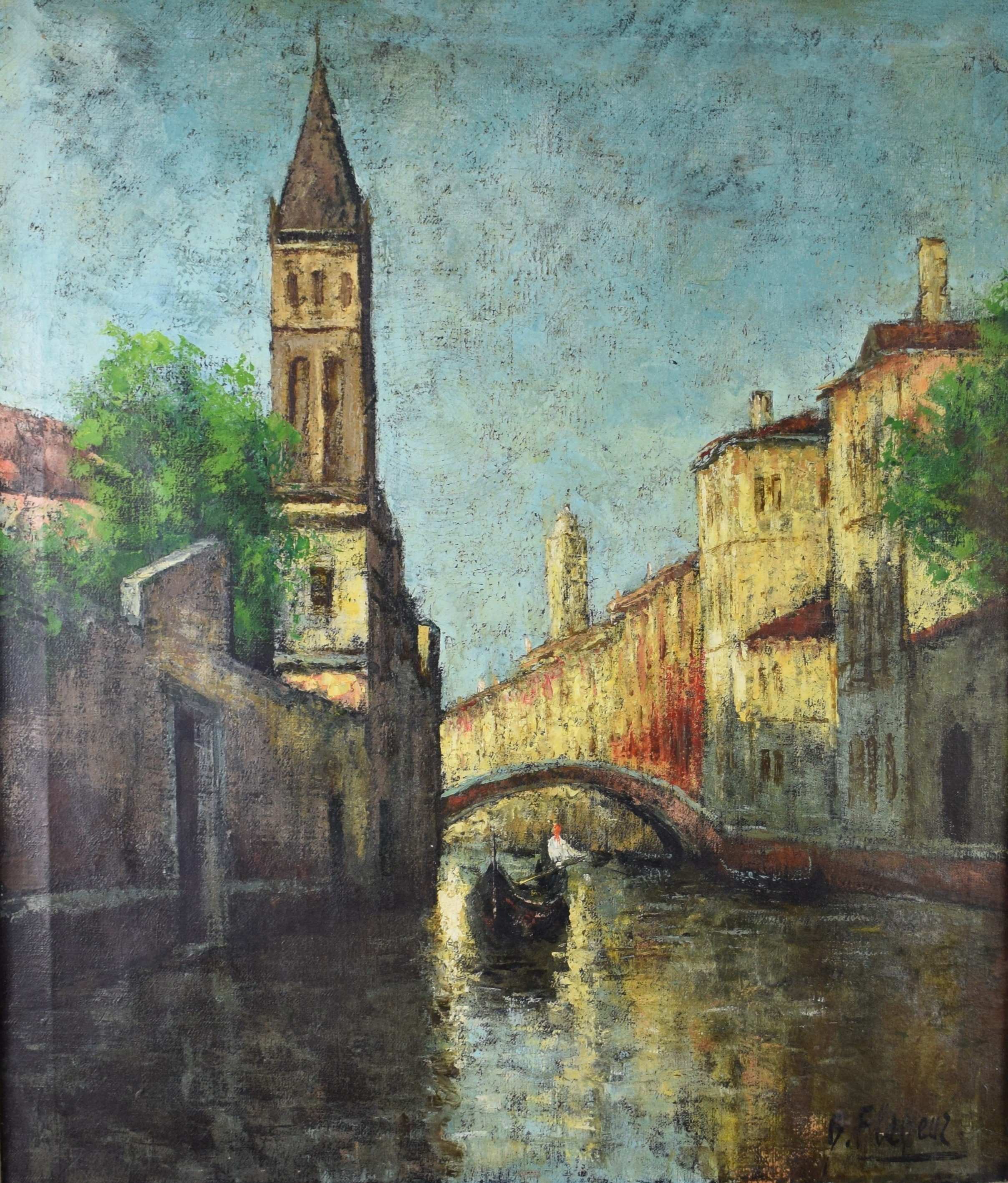 tableau Canal à Venise Flaneur Paul ville  huile toile 1ère moitié 20e siècle