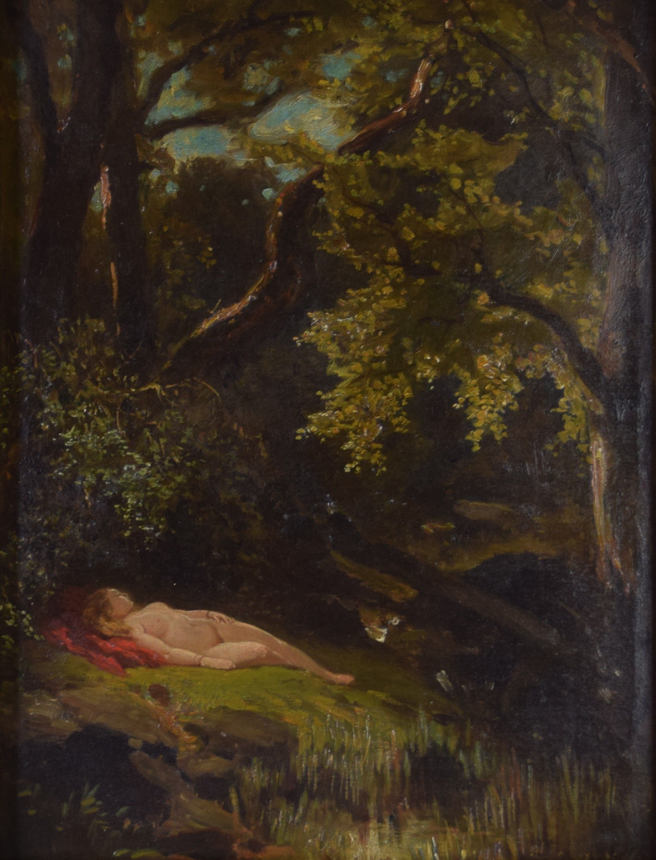 tableau Nue et allongée en forêt Fritsch Melchior nu,paysage  huile toile 19e siècle