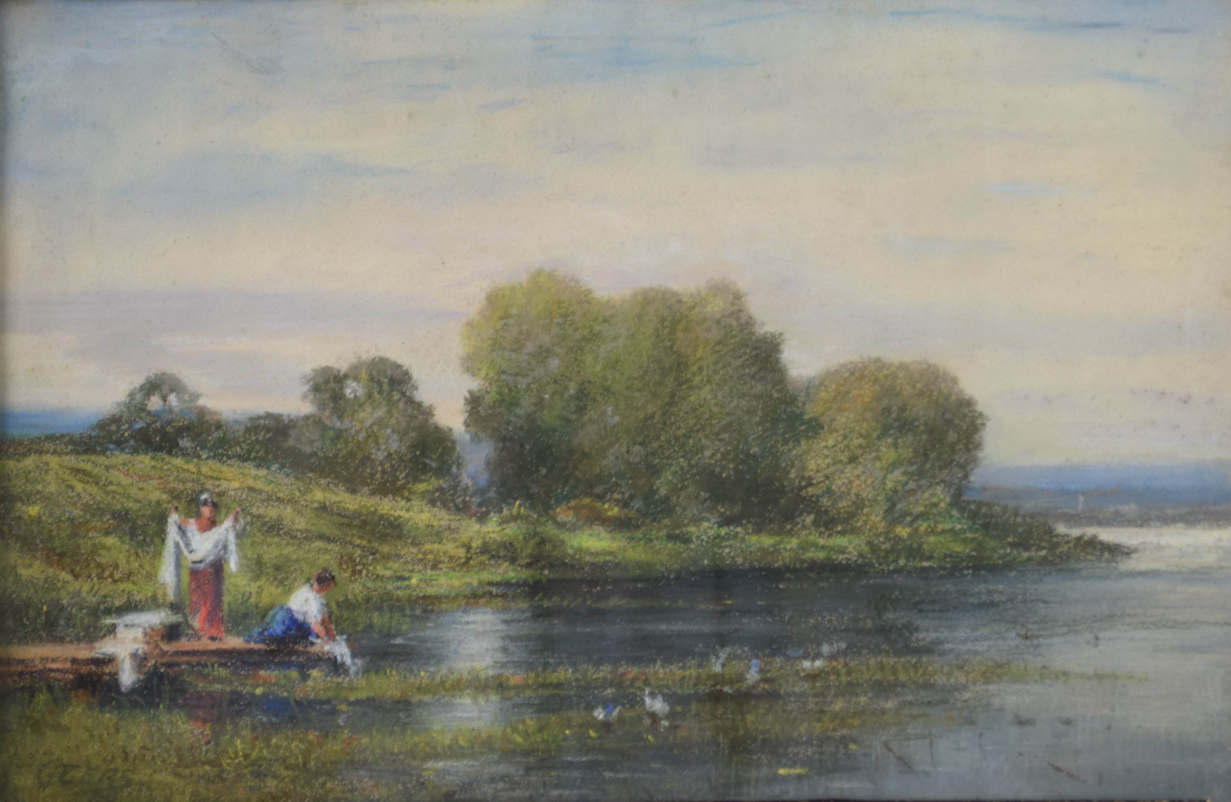 tableau Les lavandières Geers Peggy L. paysage,personnage,scène rurale  pastel papier 1ère moitié 20e siècle