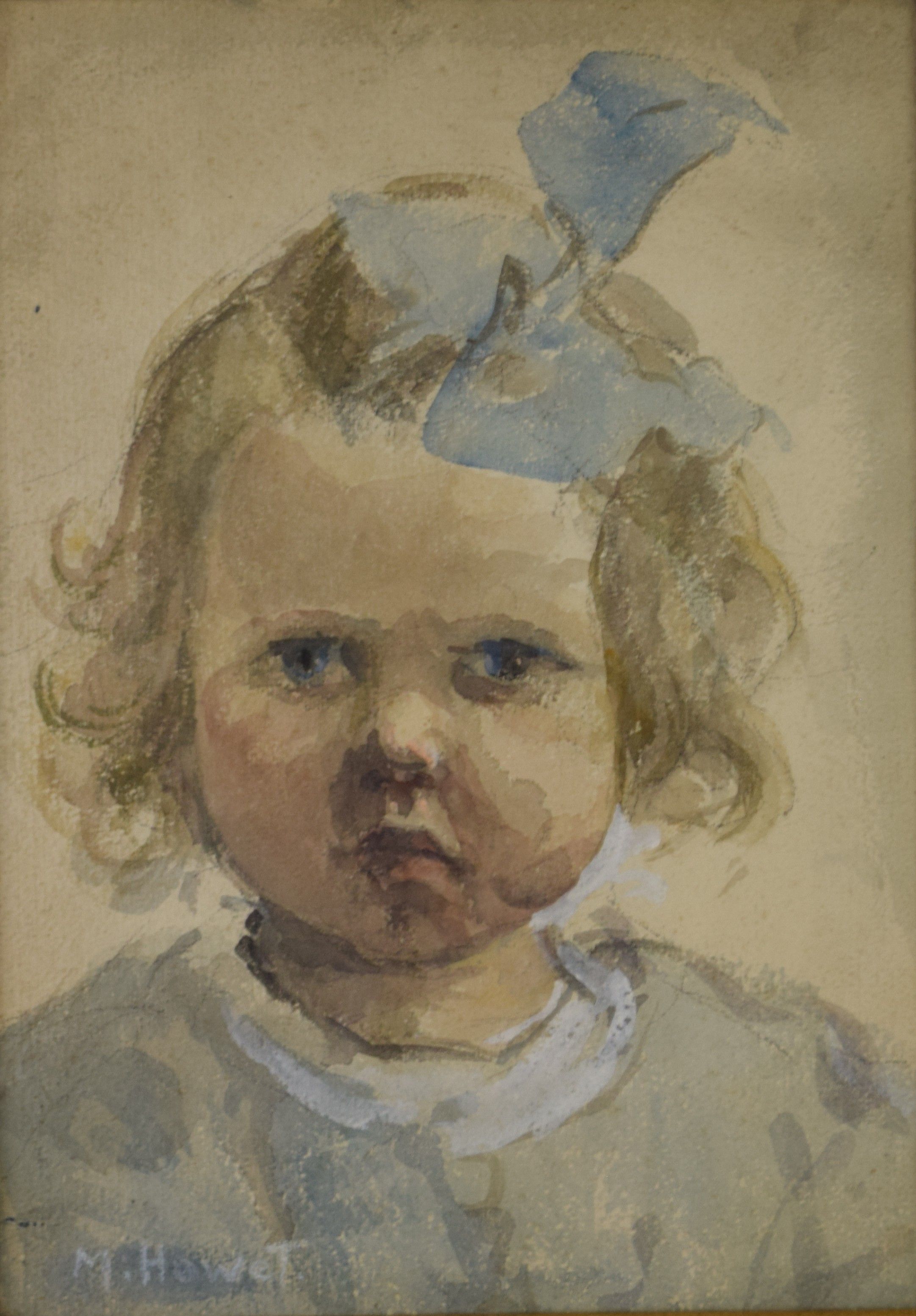 tableau La petite fille au noeud Howet Marie portrait  aquarelle papier 1ère moitié 20e siècle