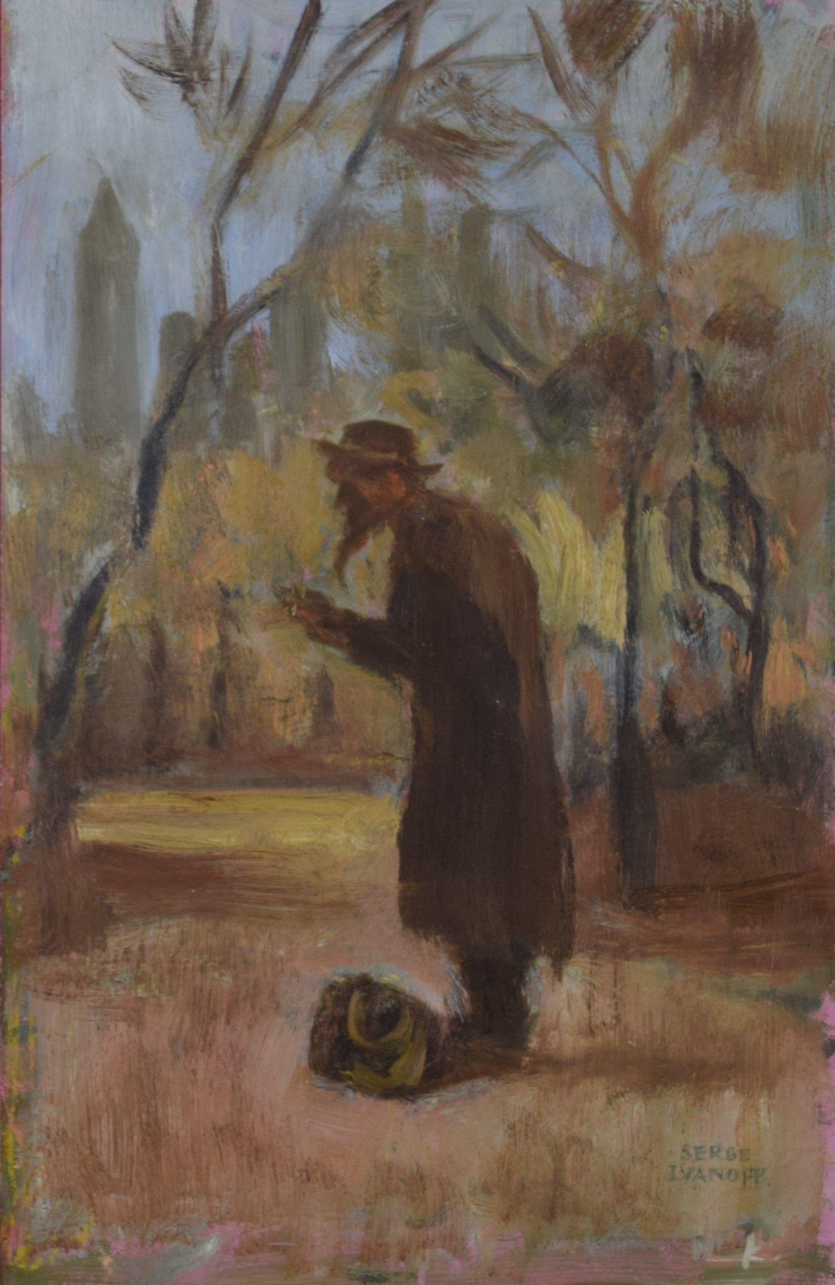 tableau Le voyageur  Ivanoff Serge personnage  huile carton 1ère moitié 20e siècle