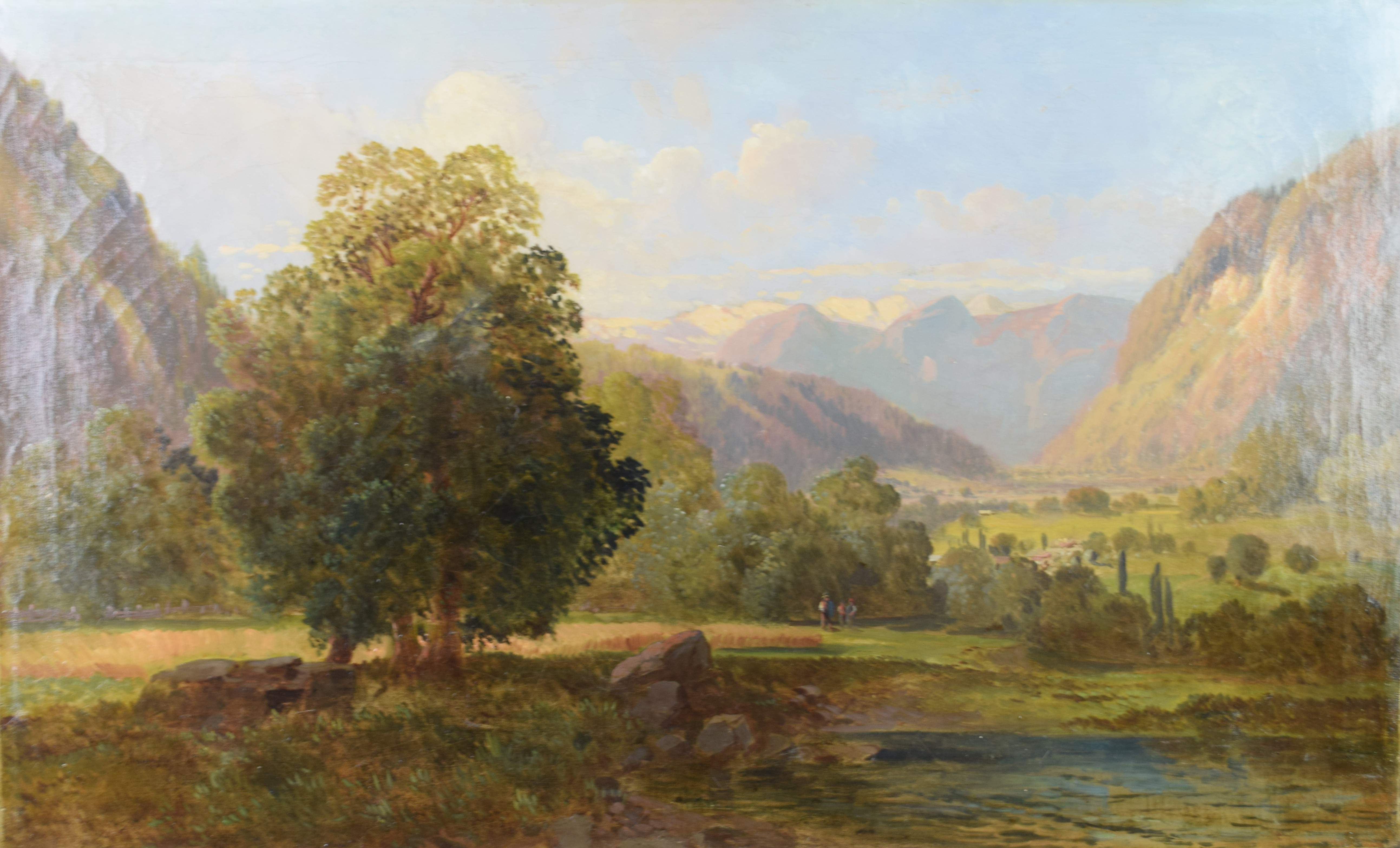 tableau Journée ensoleillée animée en montagne Kuwasseg Charles Joseph paysage  huile toile 19e siècle