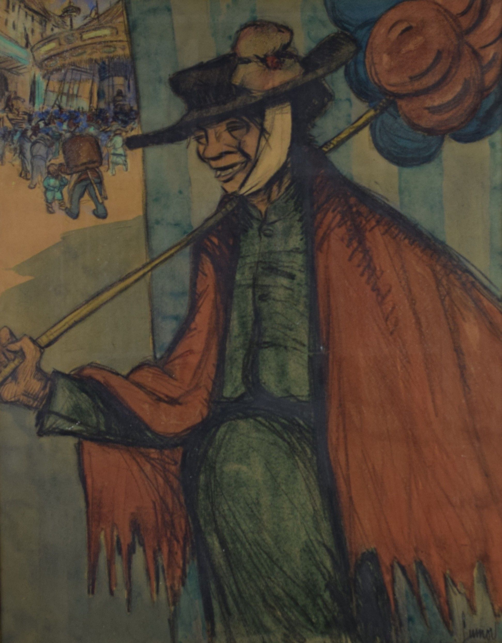 tableau La marchande de de ballon   personnage  aquarelle papier 1ère moitié 20e siècle