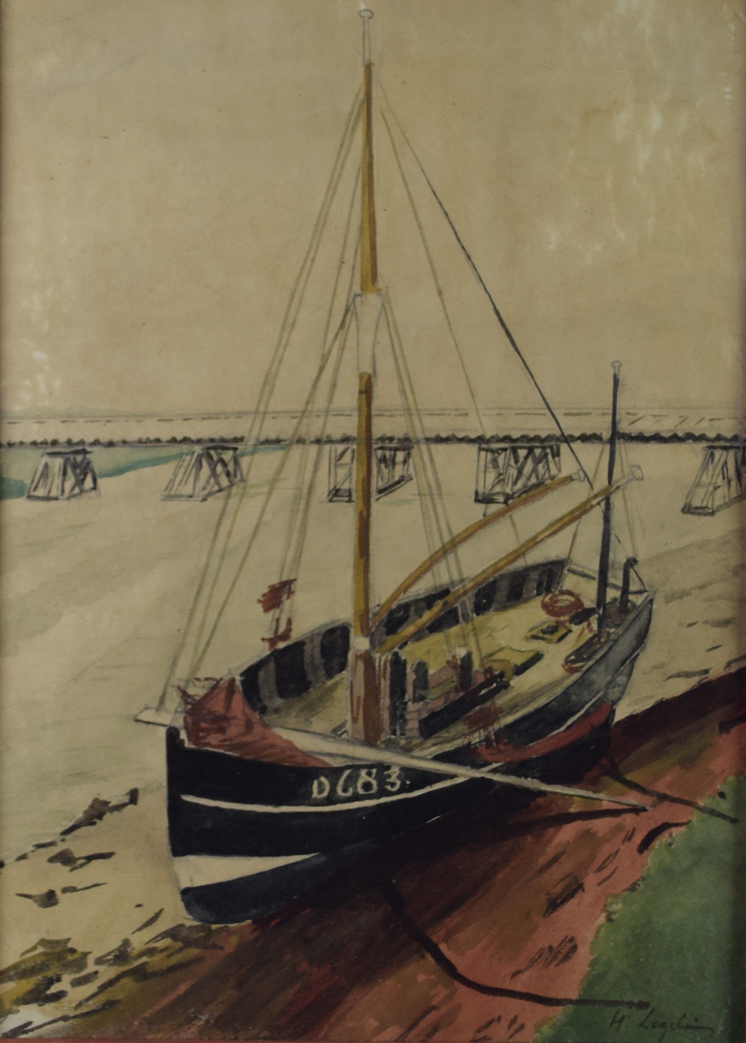 tableau L'estuaire  Logelain Henry marine  aquarelle papier 1ère moitié 20e siècle