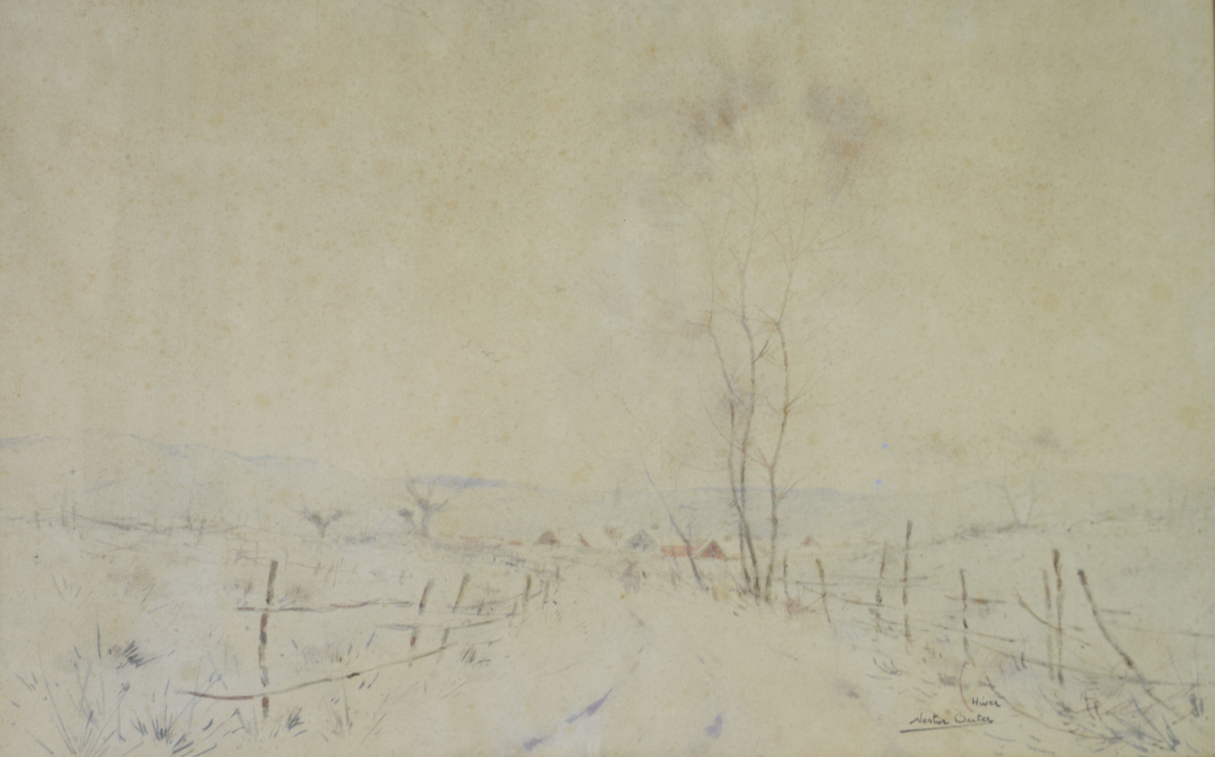tableau Hiver Outer Nestor paysage,village  aquarelle papier 1ère moitié 20e siècle