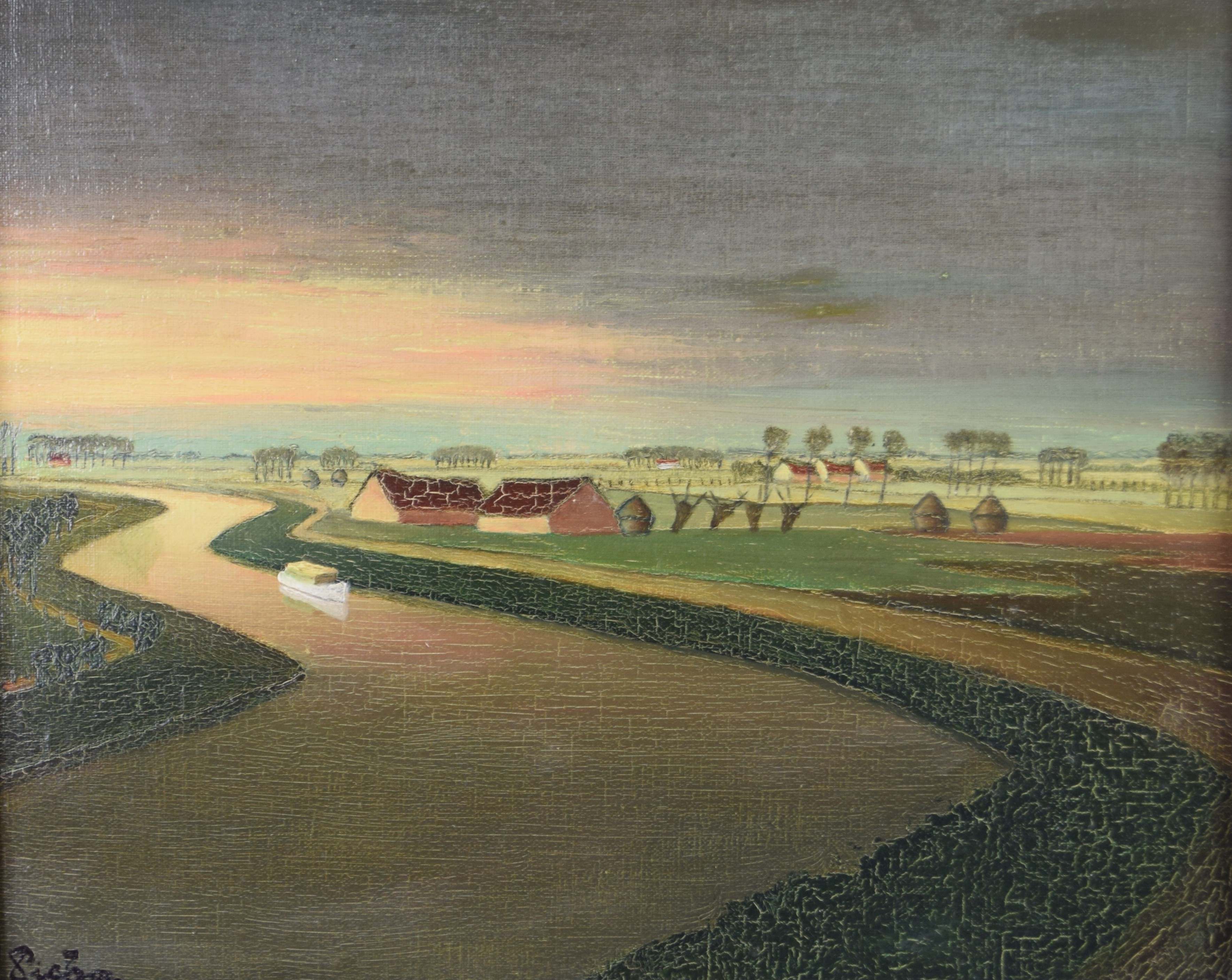 tableau Cours d'eau en Flandre Picha  paysage,village  huile toile 2ième moitié 20e siècle
