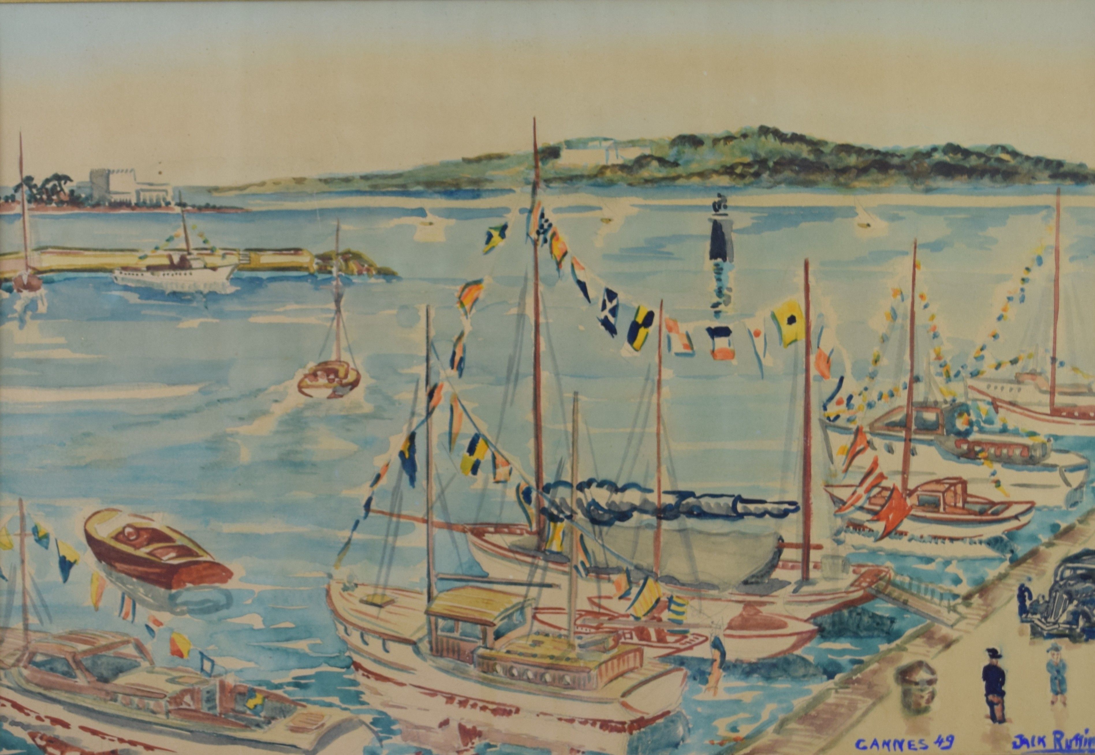 tableau Le port de Canne Ruttiens Jack mode,personnage,ville  huile papier 1ère moitié 20e siècle