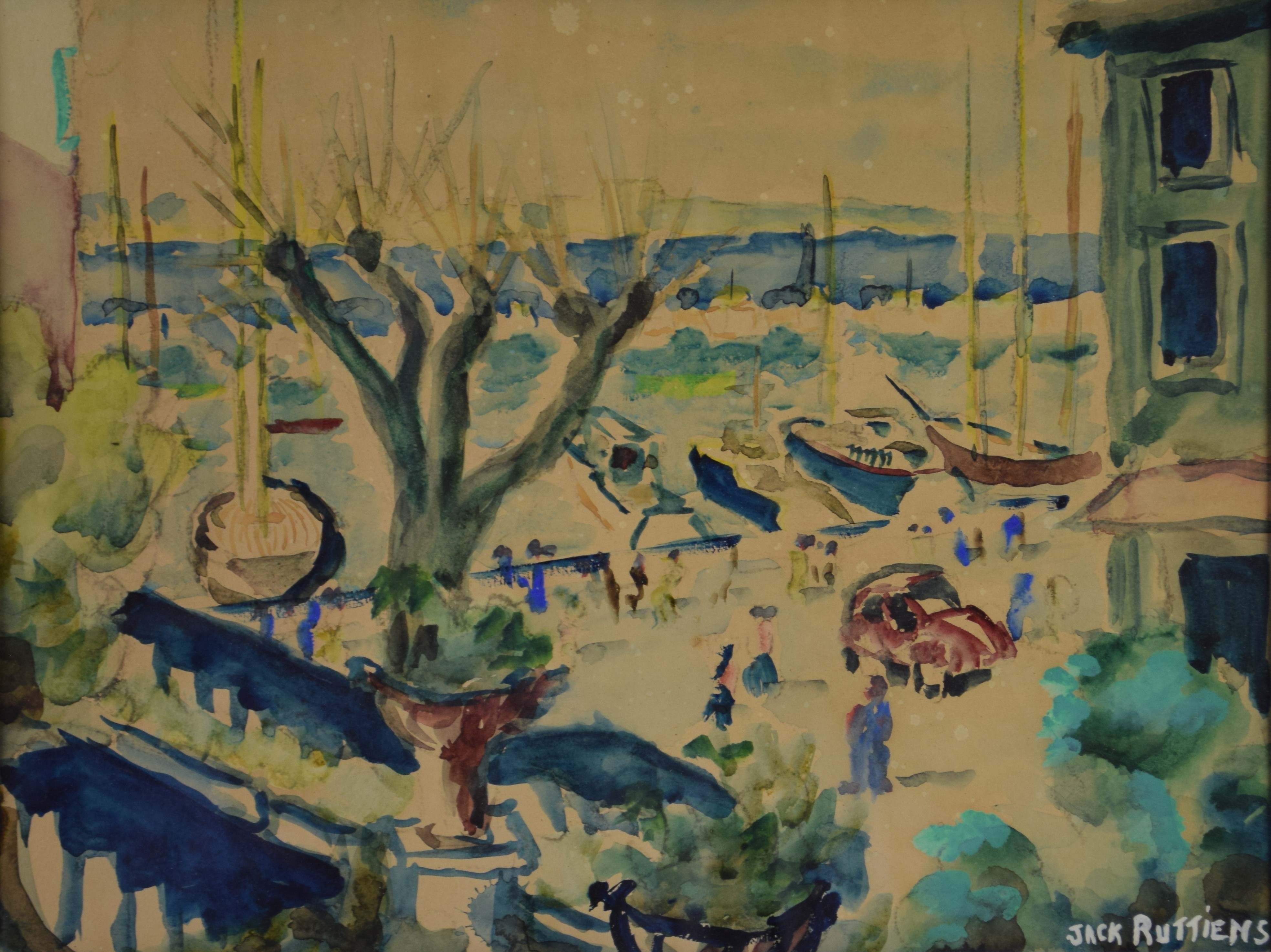 tableau Le port de provence Ruttiens Jack marine,personnage  aquarelle papier 1ère moitié 20e siècle