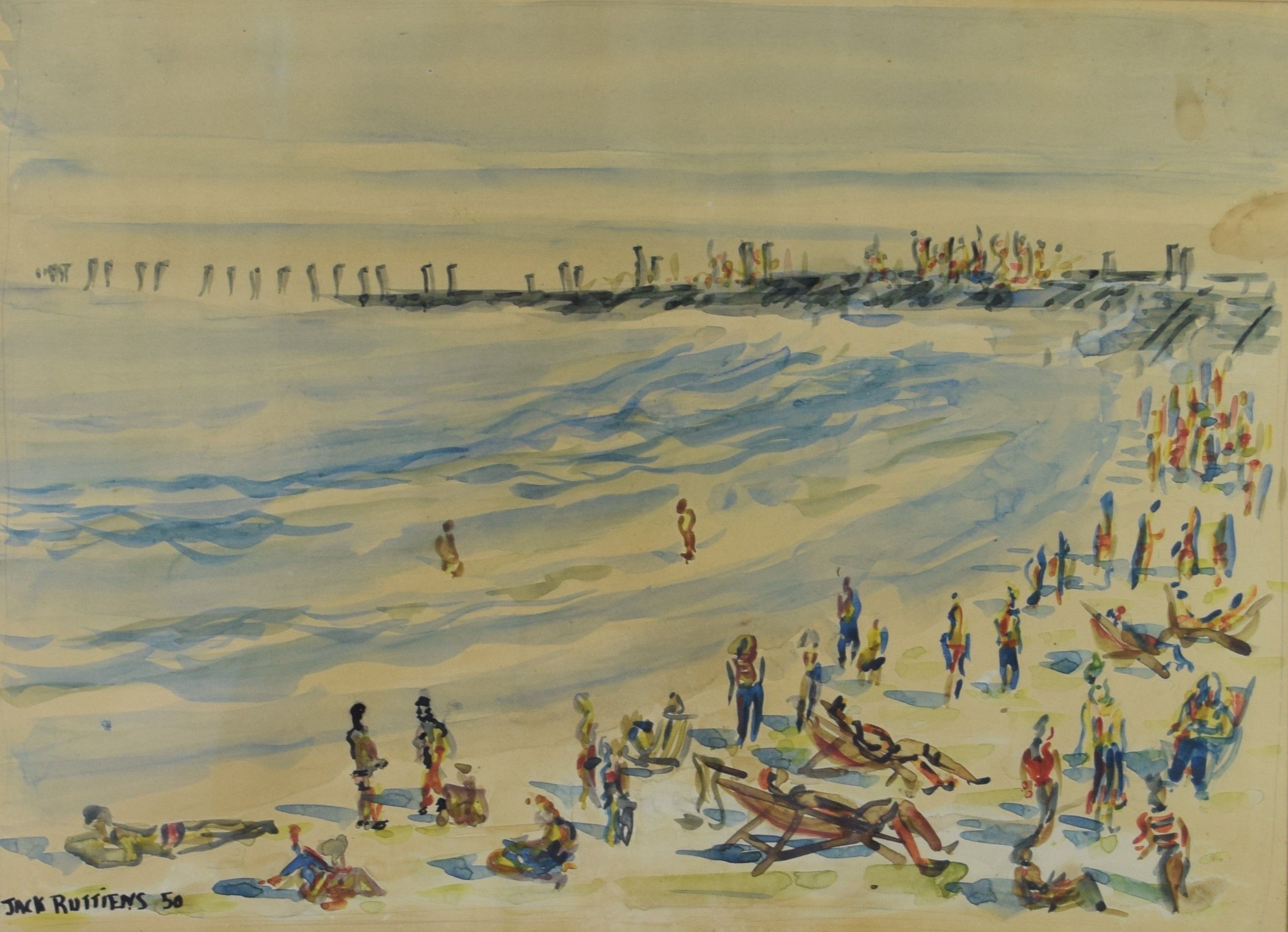 tableau Journée à la plage Ruttiens Jack marine,personnage  aquarelle papier 2ième moitié 20e siècle