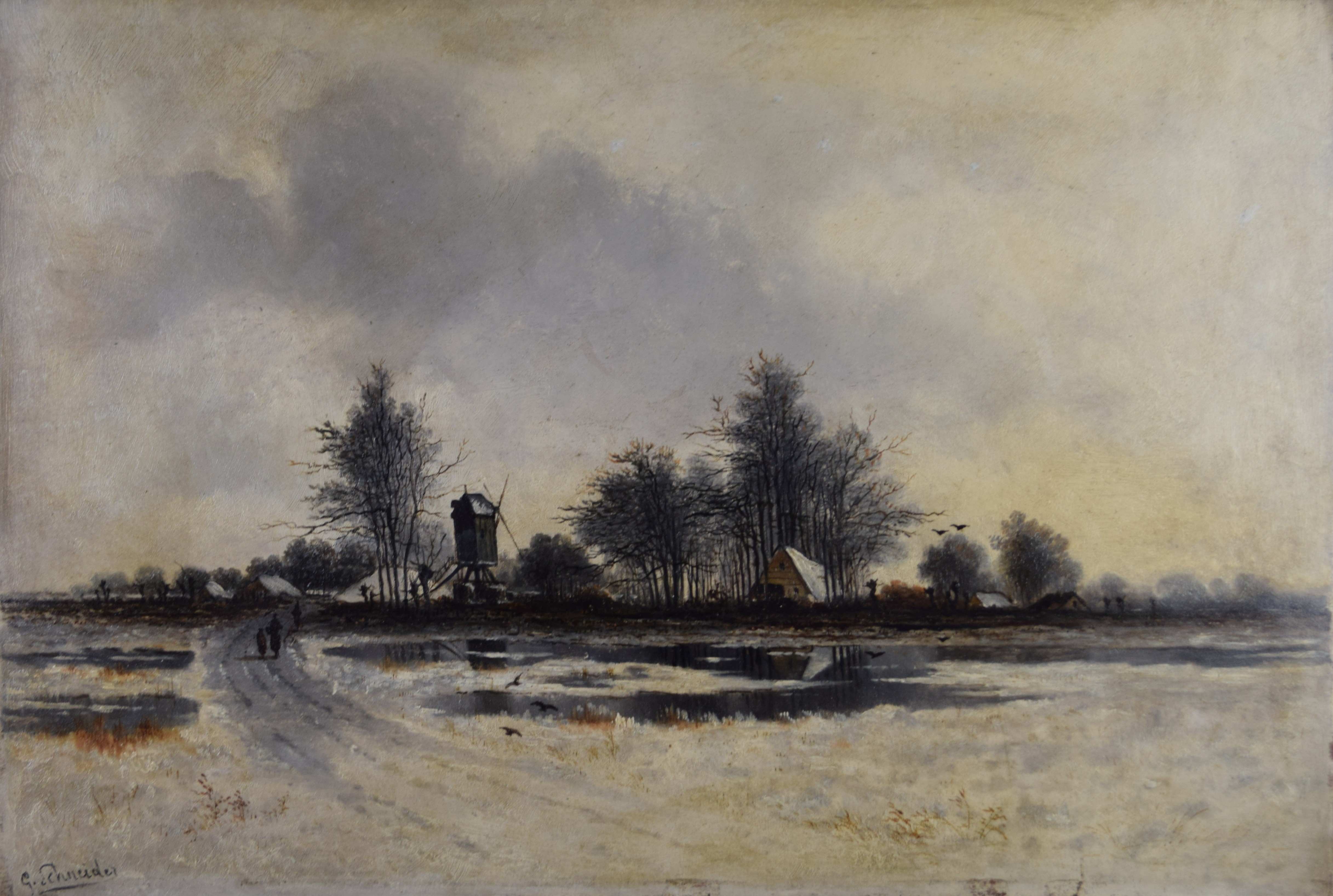 tableau Paysage aux corbeaux  Schneider G animaux,paysage,personnage,village  huile panneau 19e siècle