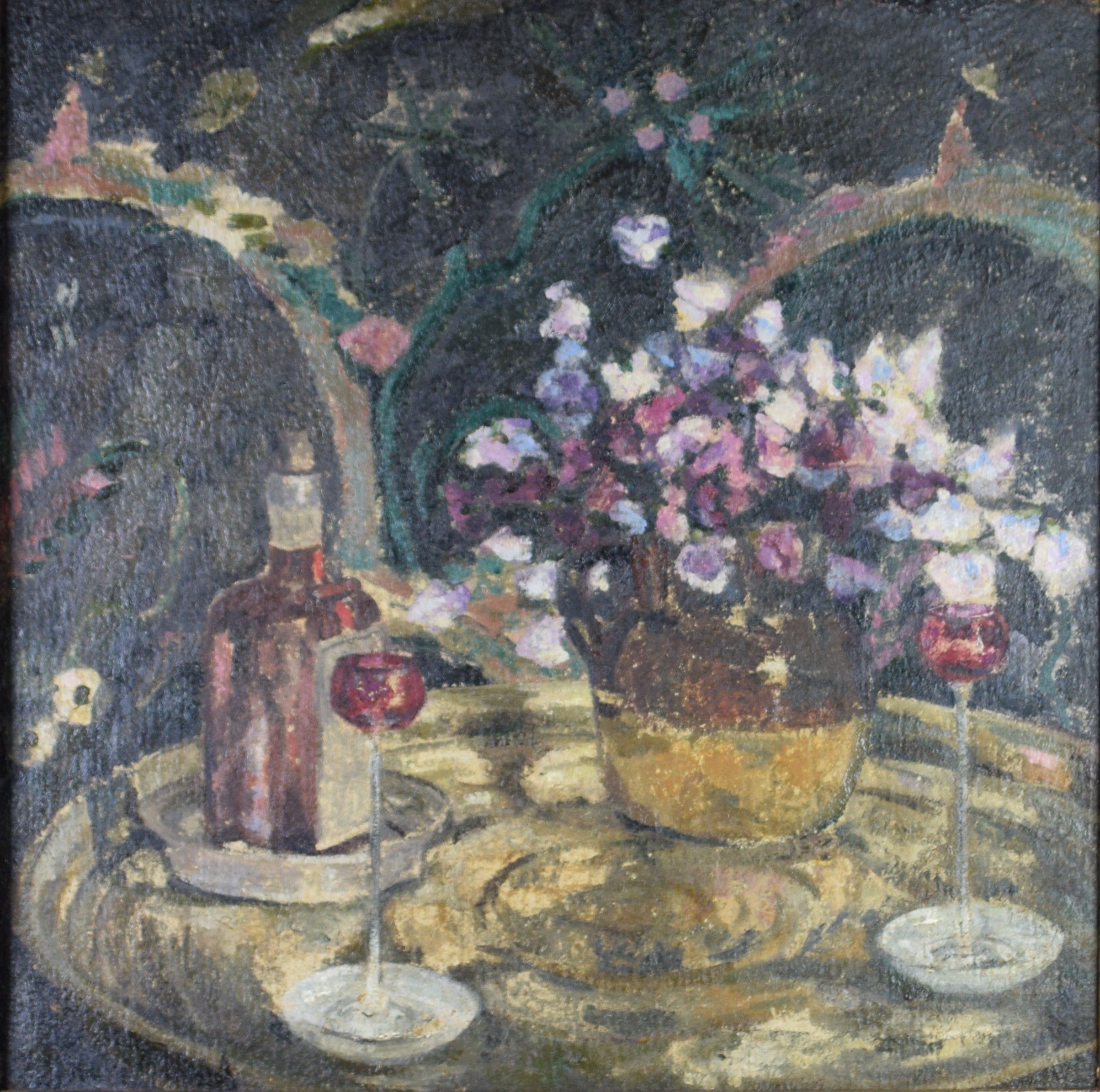 tableau La bouteille de Cointreau  Van Ryswyck Jan fleurs,nature morte,scène d'intérieur  huile isorel 1ère moitié 20e siècle