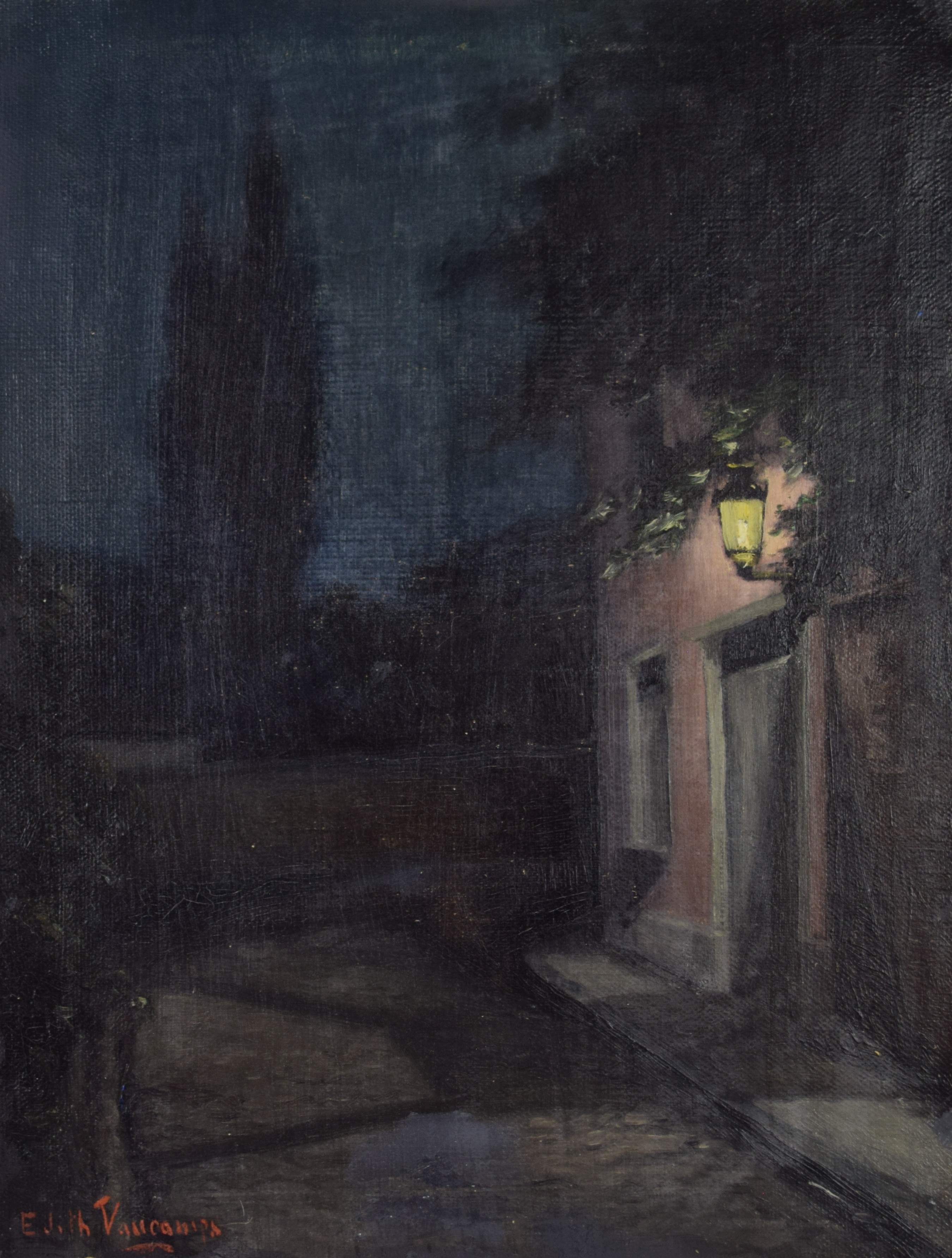 tableau Le réverbère  Vaucamps Edith village  huile toile 1ère moitié 20e siècle