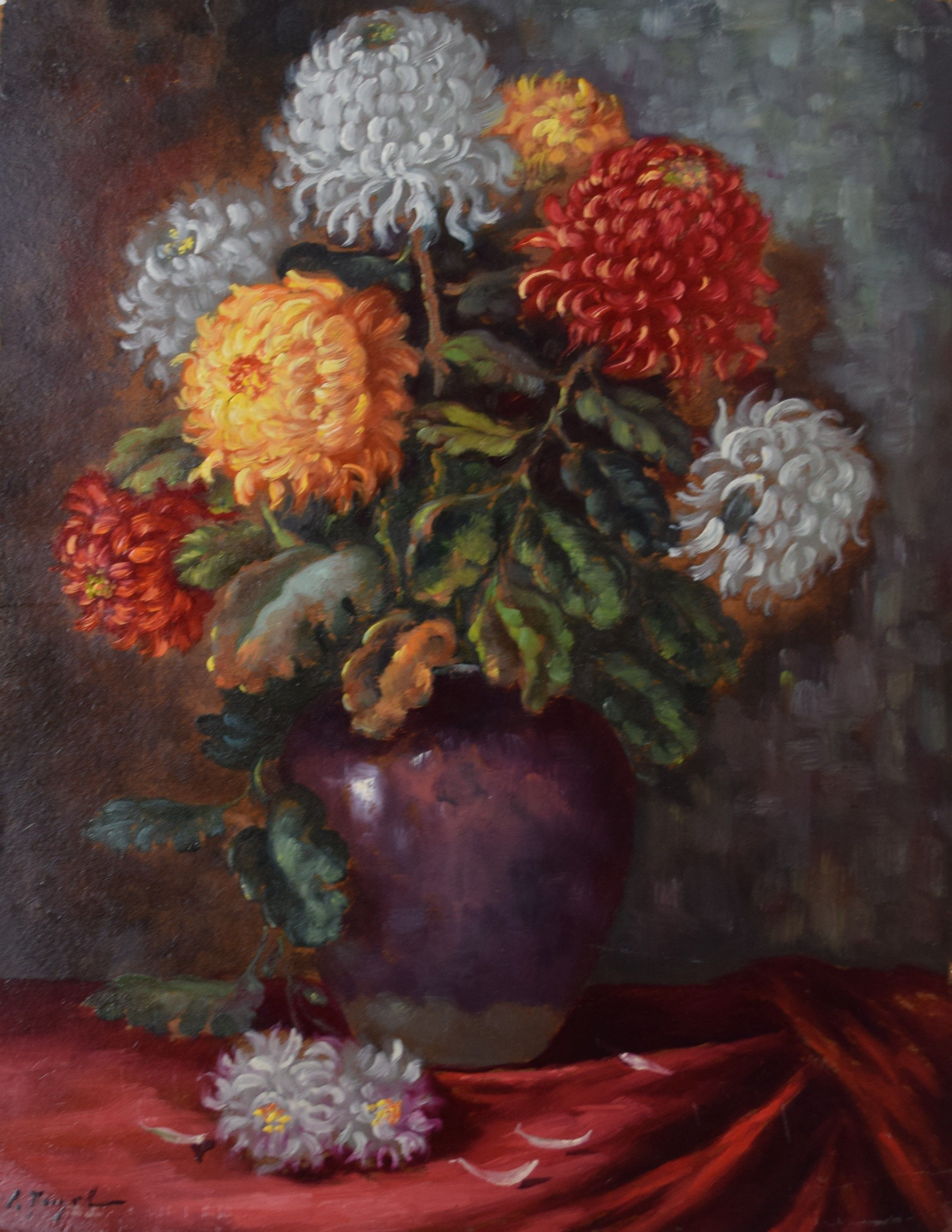 tableau Les chrysanthèmes Voegeli Ernest fleurs,nature morte  huile carton 1ère moitié 20e siècle