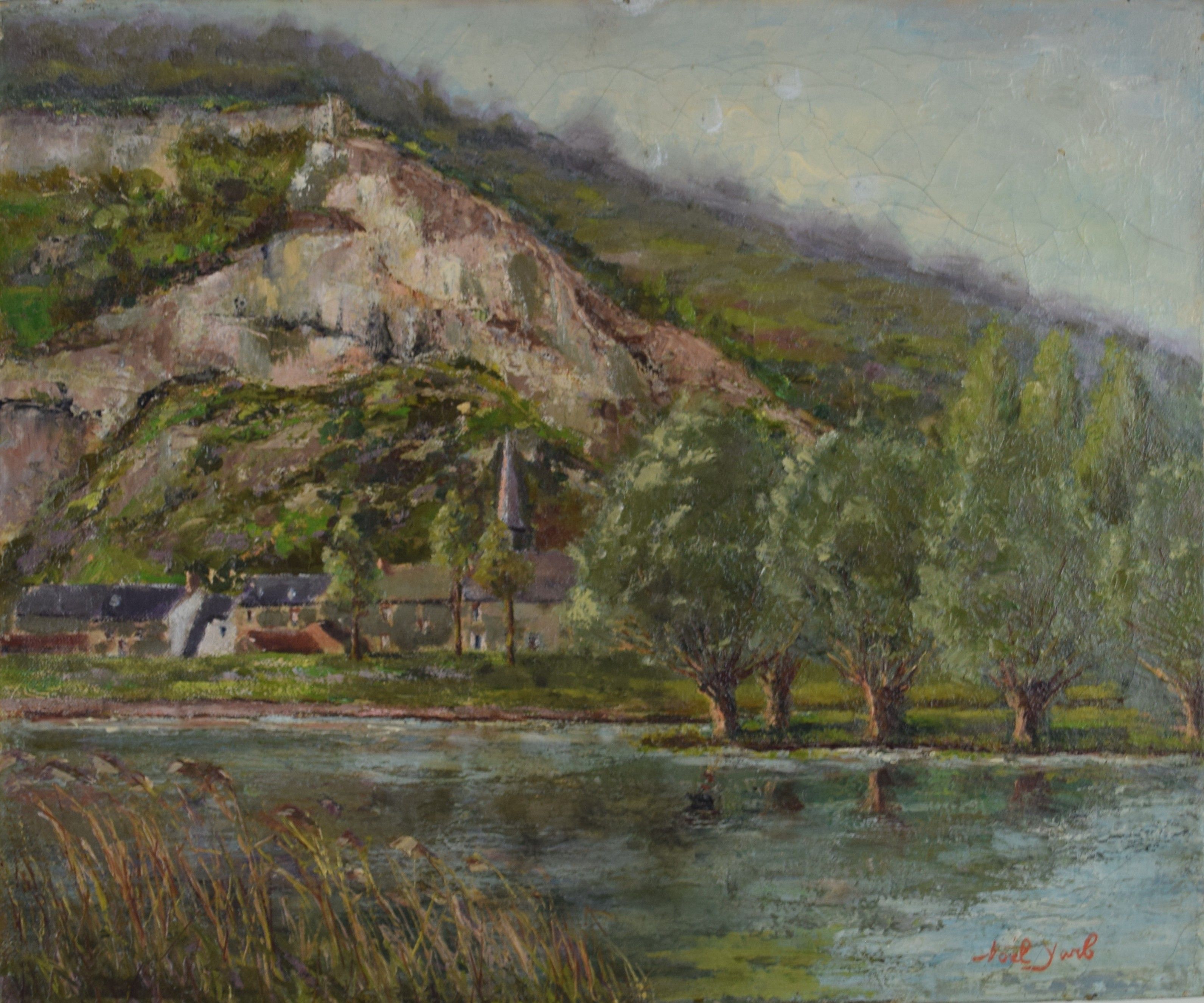 tableau Long de Meuse   paysage  huile toile 1ère moitié 20e siècle