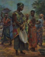 tableau Jour de marché  De Loof Aurel scène rurale,africaniste  pastel papier 2ième moitié 20e siècle