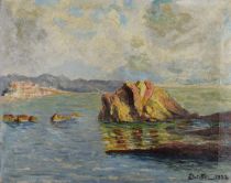 tableau Les rochers Dutillieu Jef marine,paysage,village  huile toile 1ère moitié 20e siècle