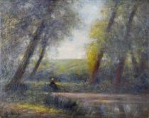 tableau Paisible au bord de l'eau  Fiévez Edgard paysage,personnage  huile toile 1ère moitié 20e siècle