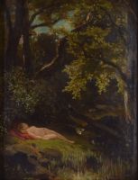 tableau Nue et allongée en forêt Fritsch Melchior nu,paysage  huile toile 19e siècle