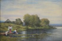tableau Les lavandières Geers Peggy L. paysage,personnage,scène rurale  pastel papier 1ère moitié 20e siècle