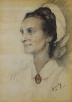 tableau L'infirmière  Laudy Jean personnage  fusain papier 2ième moitié 20e siècle