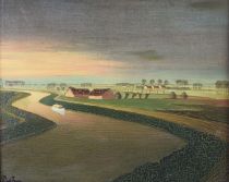 tableau Cours d'eau en Flandre Picha  paysage,village  huile toile 2ième moitié 20e siècle