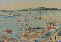 tableau Le port de Canne Ruttiens Jack mode,personnage,ville  huile papier 1ère moitié 20e siècle