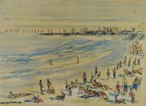 tableau Journée à la plage Ruttiens Jack marine,personnage  aquarelle papier 2ième moitié 20e siècle