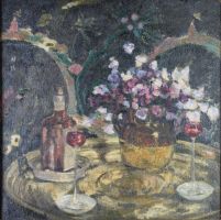 tableau La bouteille de Cointreau  Van Ryswyck Jan fleurs,nature morte,scène d'intérieur  huile isorel 1ère moitié 20e siècle