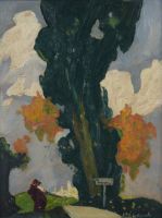 tableau En chemin Van den Eekhoudt Jean paysage,personnage  huile isorel 1ère moitié 20e siècle