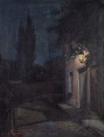 tableau Le réverbère  Vaucamps Edith village  huile toile 1ère moitié 20e siècle
