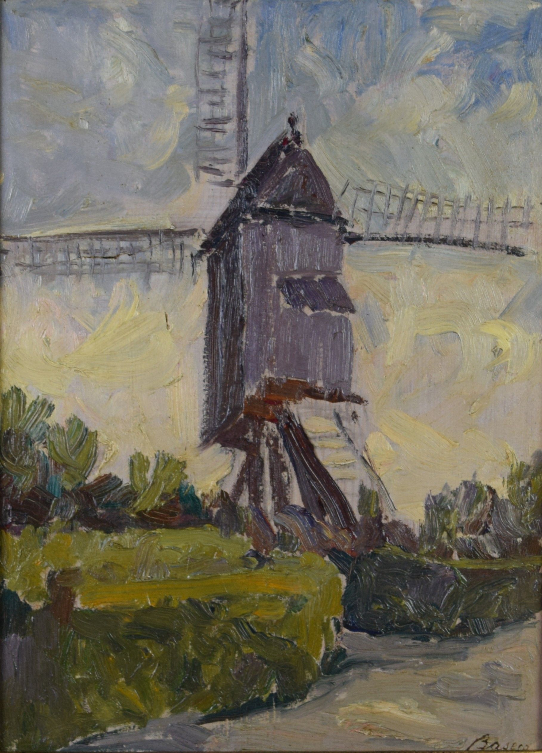 tableau Le moulin Basecq Fernand paysage,moulin  huile carton 2ième moitié 20e siècle