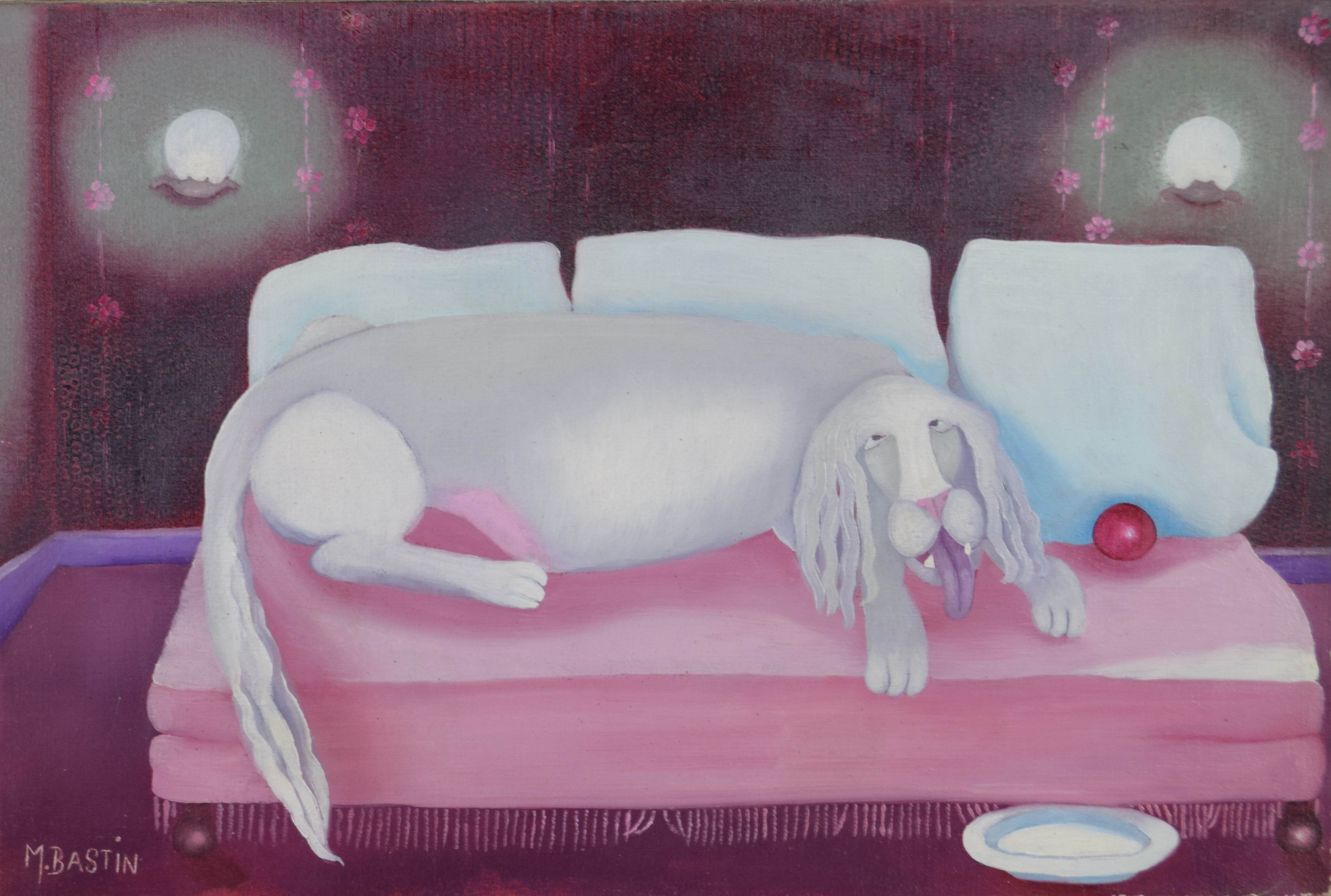 tableau le repos du chien Bastin Mireille animaux  huile toile 2ième moitié 20e siècle