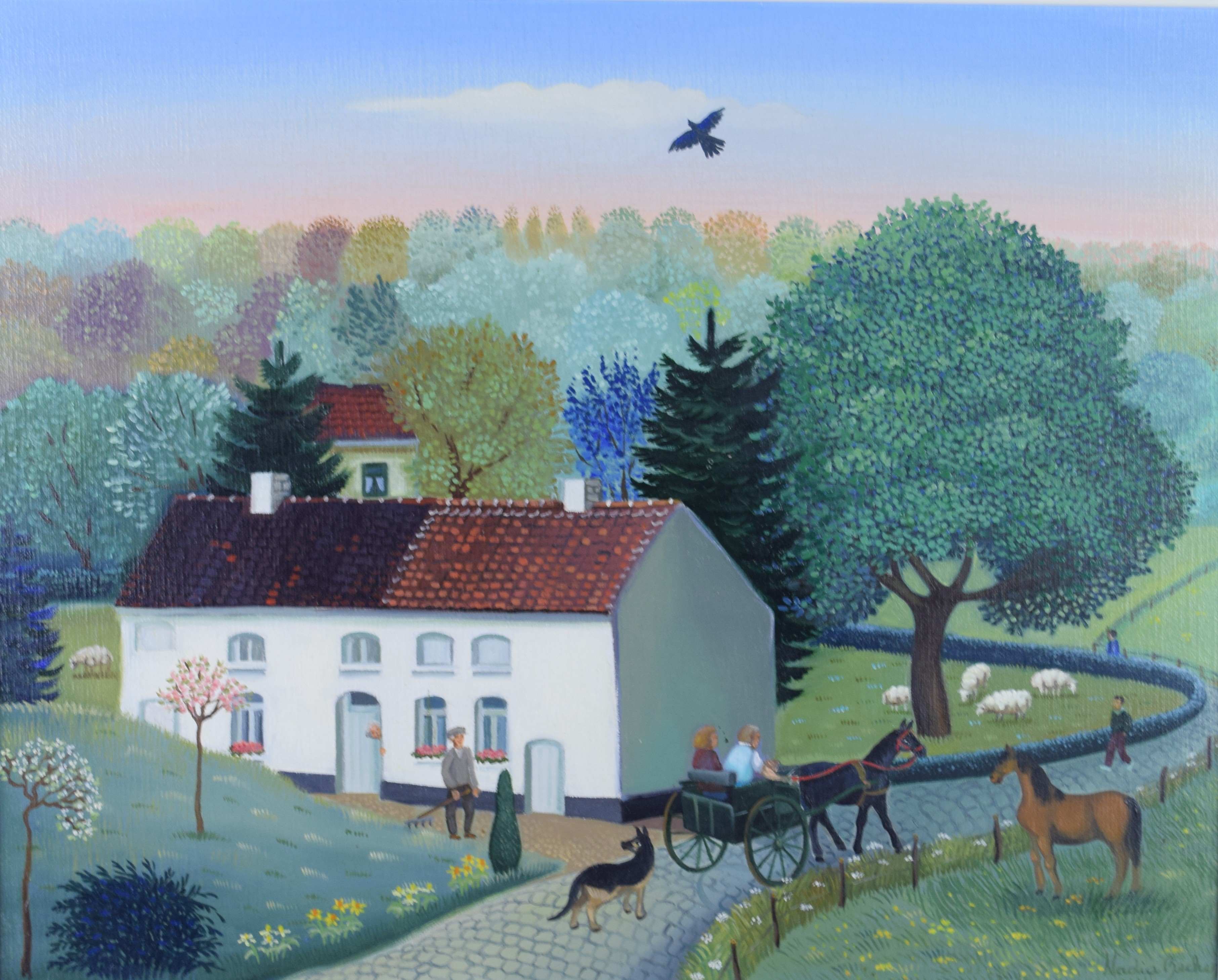 tableau Rue de Genleau Lasne Becker Nadia personnage,village art naïf huile toile 2ième moitié 20e siècle